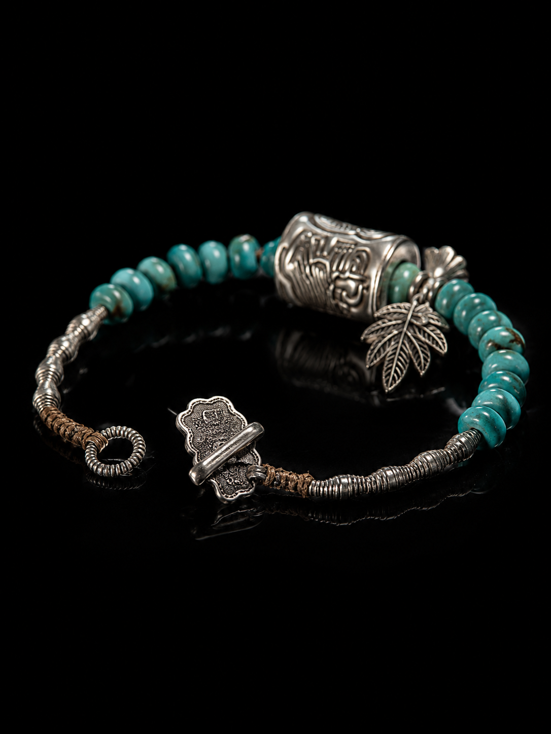 Tibetan Turquoise Prayer Wheel Mani Mantra Blessed Tibetan Silver Bracelet