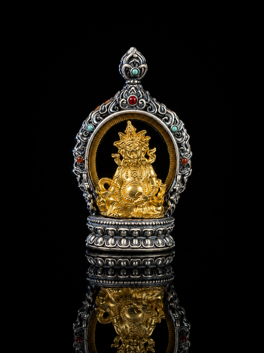 Tibetan Silver Yellow Jambhala Pendant - Handmade Filigree Inlay Traditional Silver Ornament