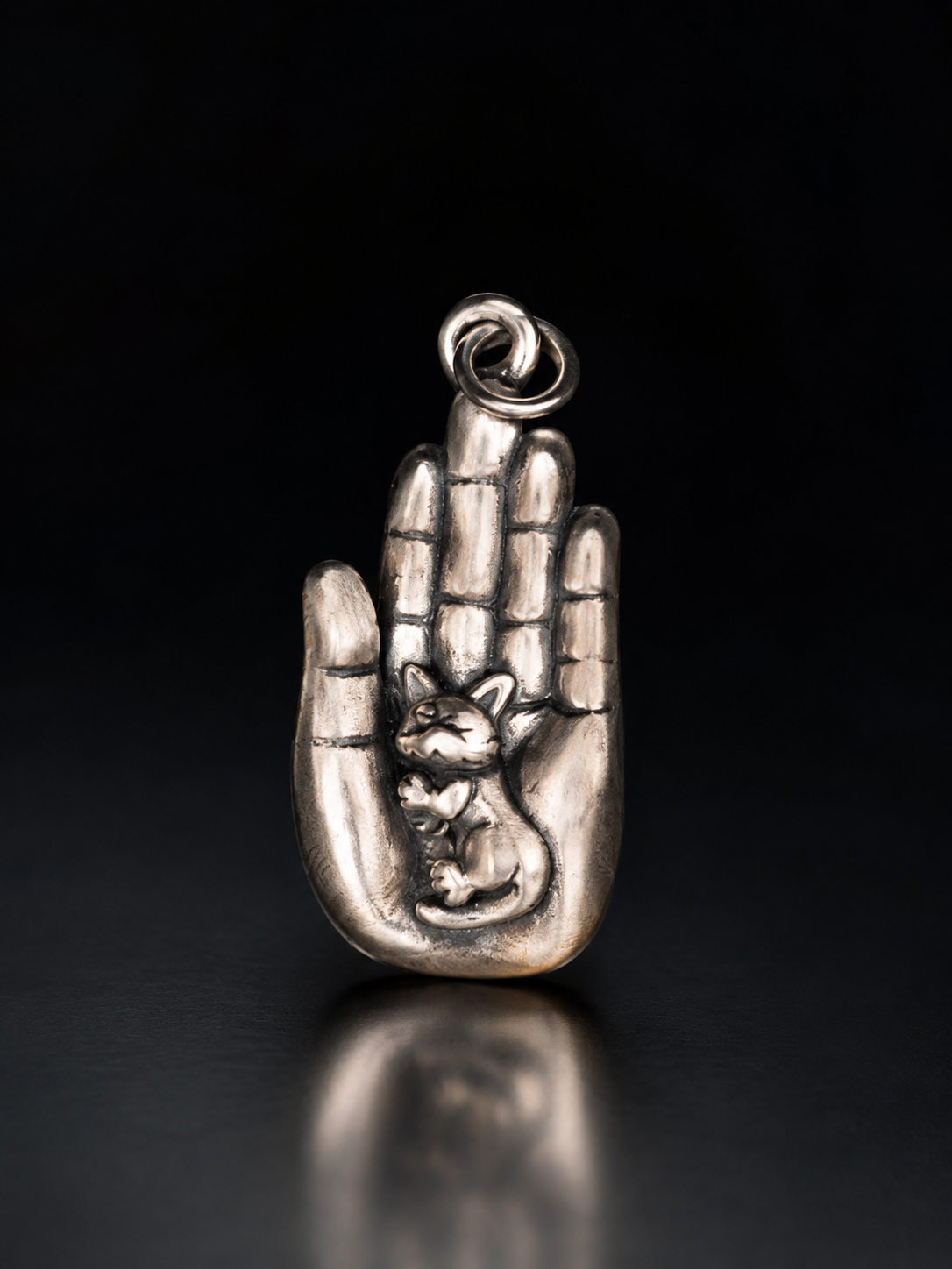 Sterling Silver Buddha's Hand Cat Pendant · Compassionate Protection Vintage Silver Jewelry