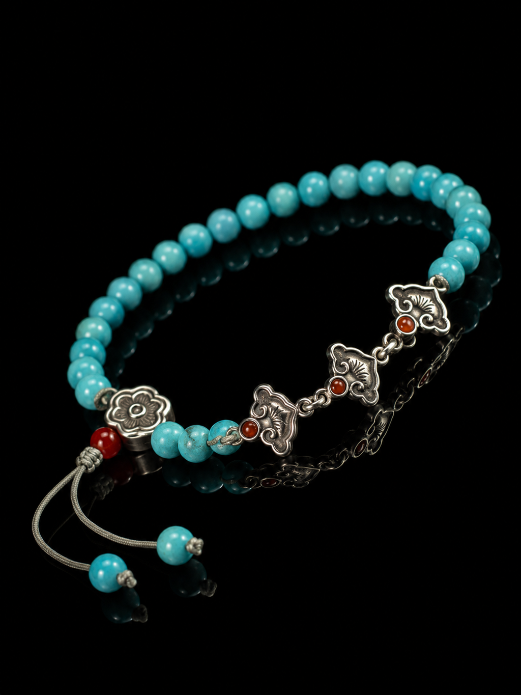 Tibetan Turquoise, Auspicious Ruyi Lucky Tibetan Silver Bracelet