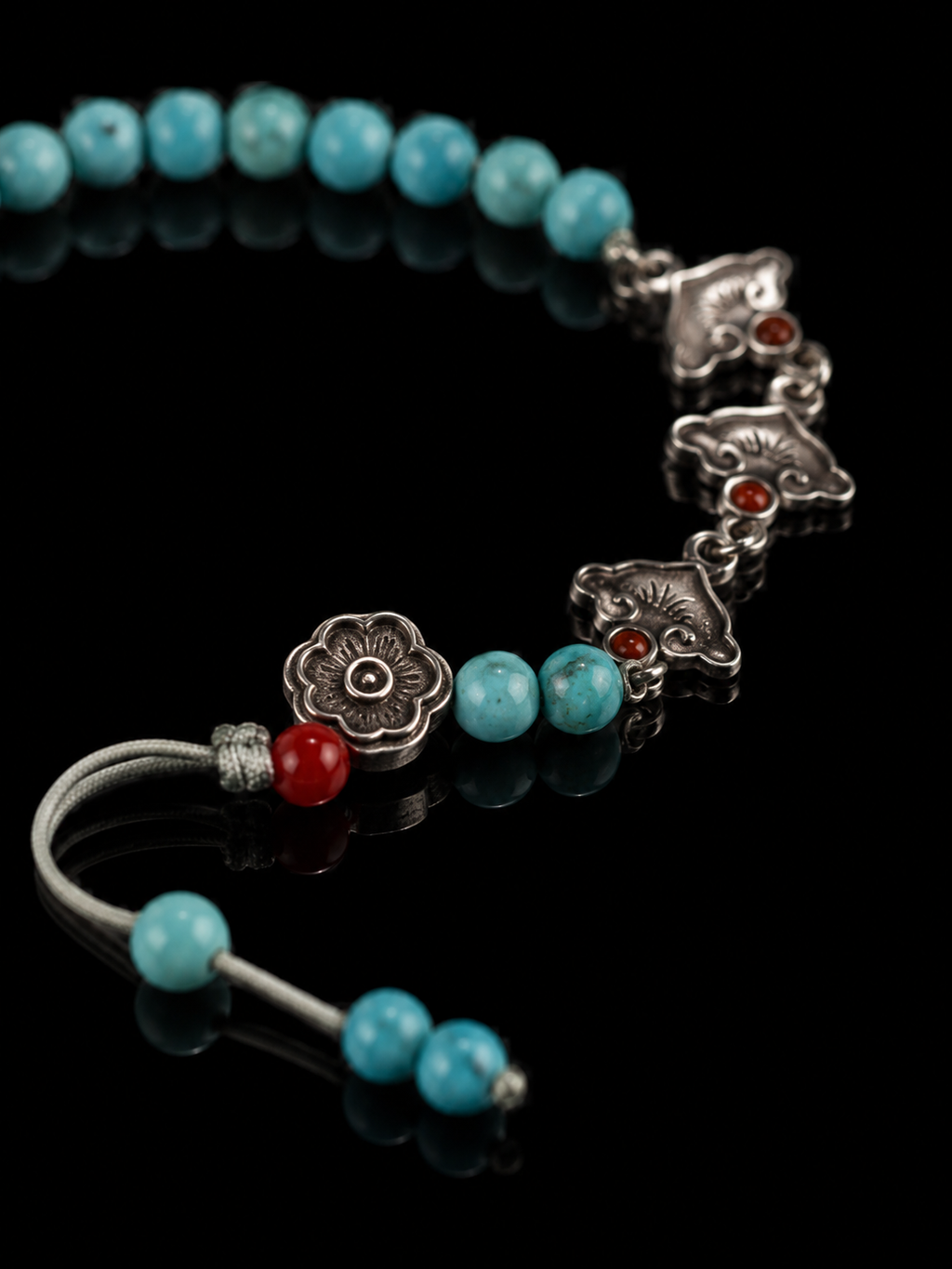 Tibetan Turquoise, Auspicious Ruyi Lucky Tibetan Silver Bracelet