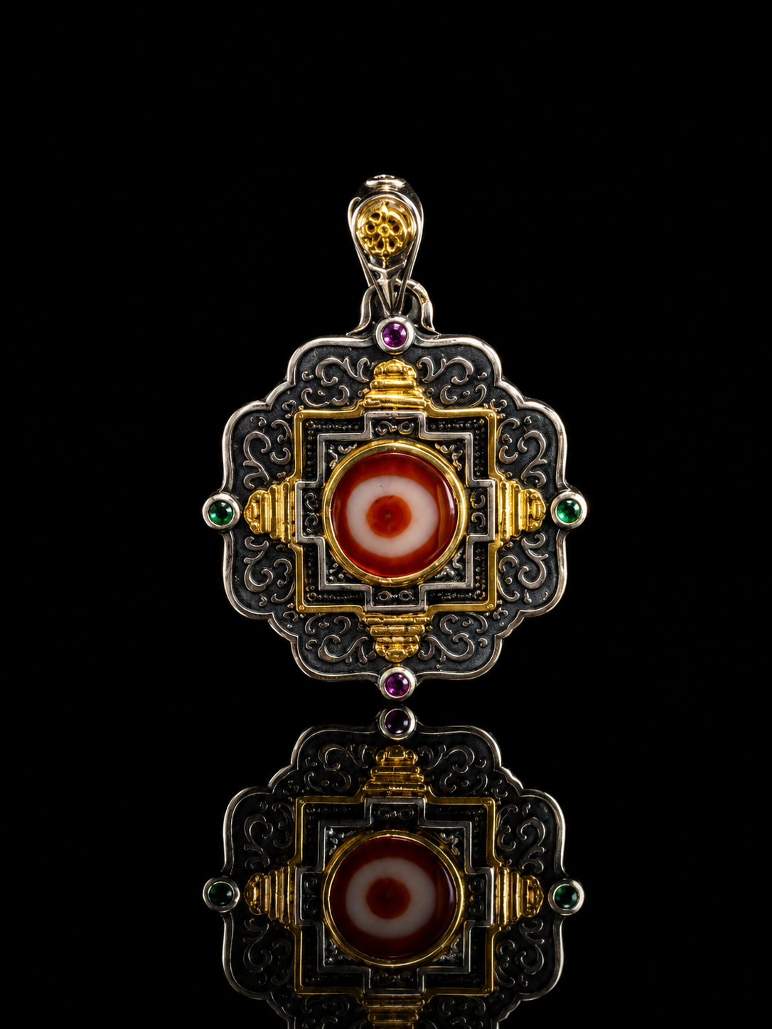 Tibetan Dorje Cross Mandala Dzi Bead Sterling Silver Pendant