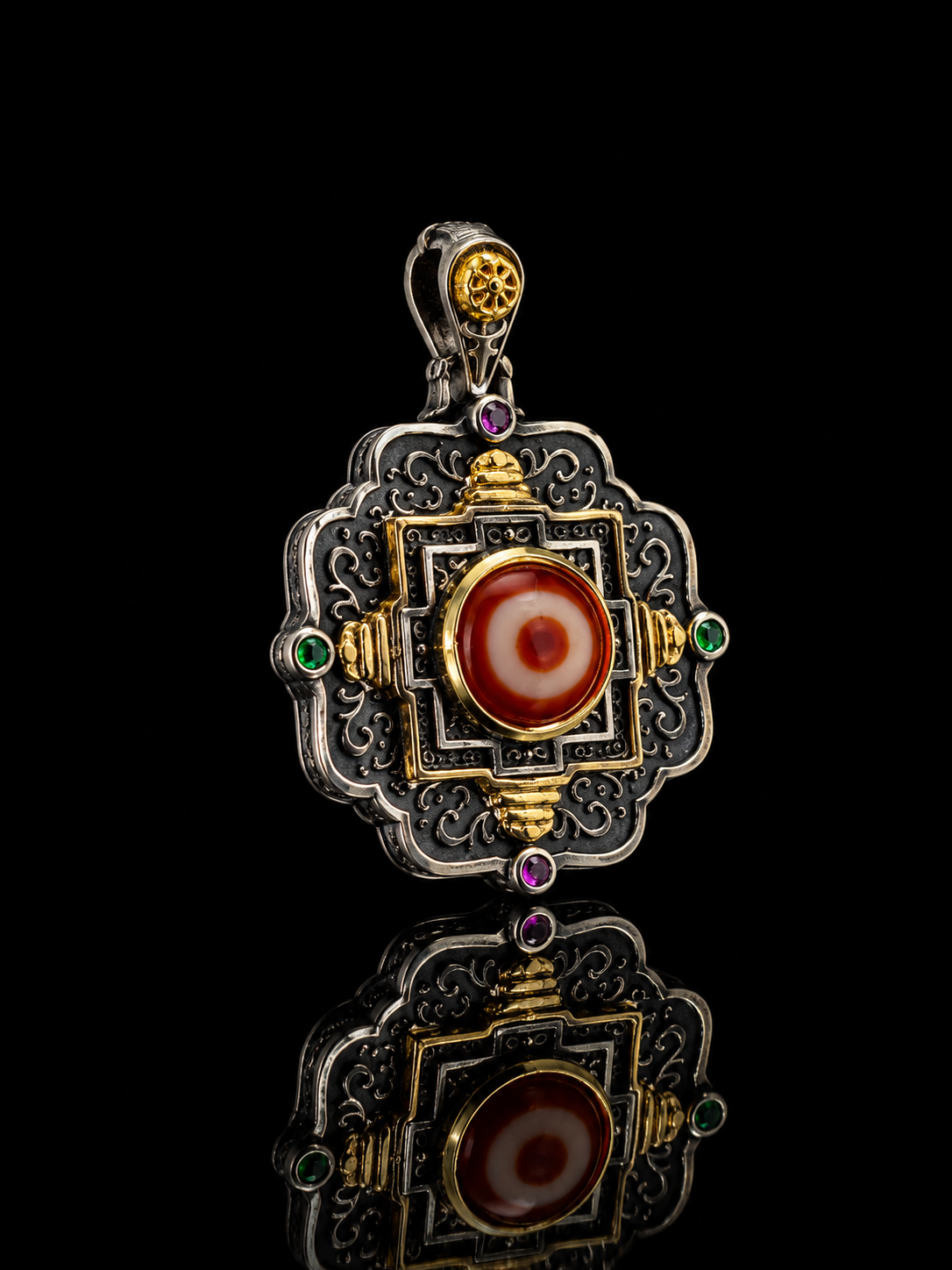 Tibetan Dorje Cross Mandala Dzi Bead Sterling Silver Pendant