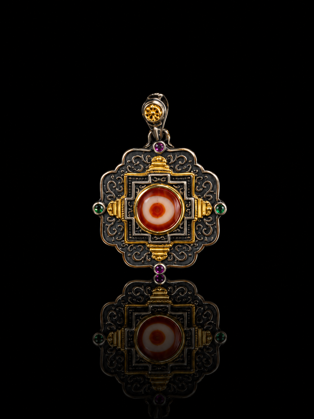 Tibetan Dorje Cross Mandala Dzi Bead Sterling Silver Pendant