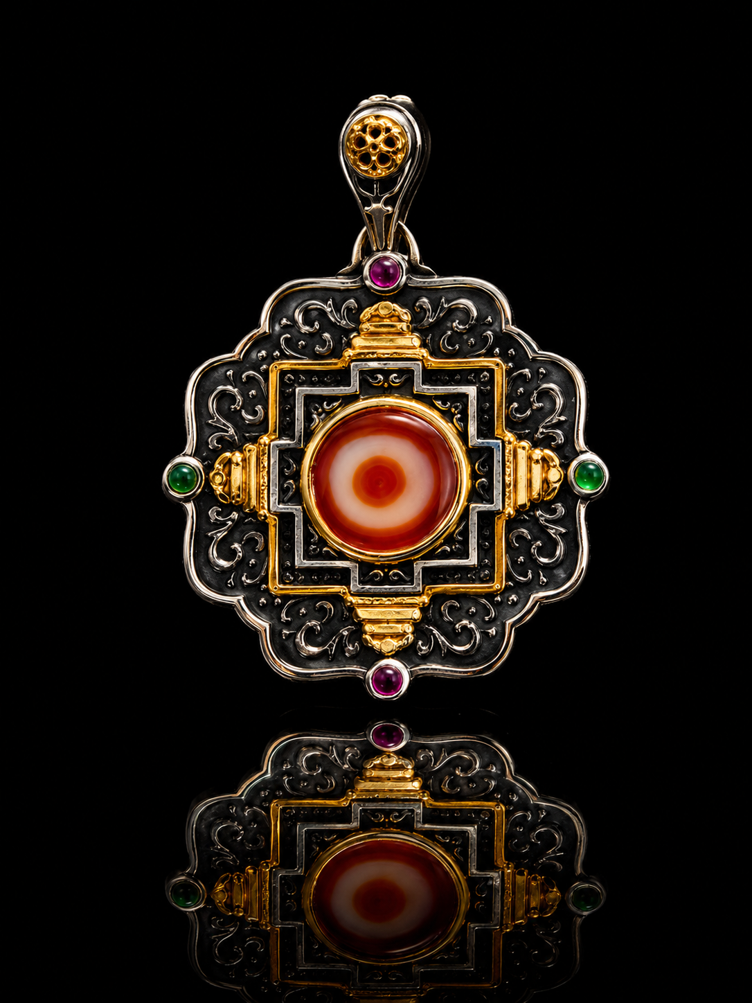 Tibetan Dorje Cross Mandala Dzi Bead Sterling Silver Pendant