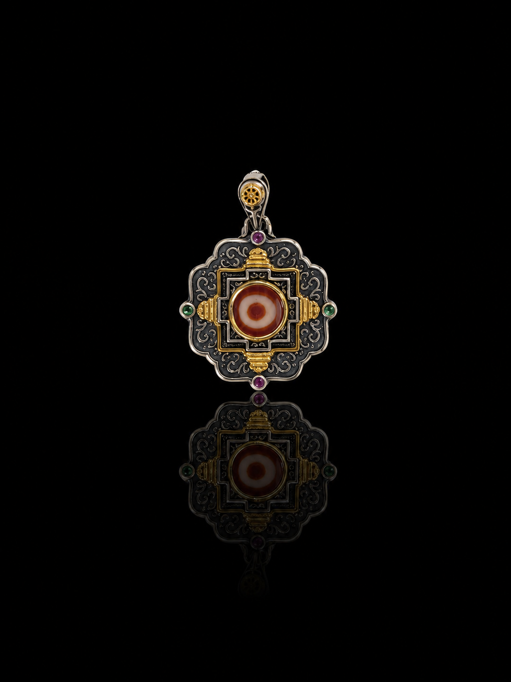 Tibetan Dorje Cross Mandala Dzi Bead Sterling Silver Pendant