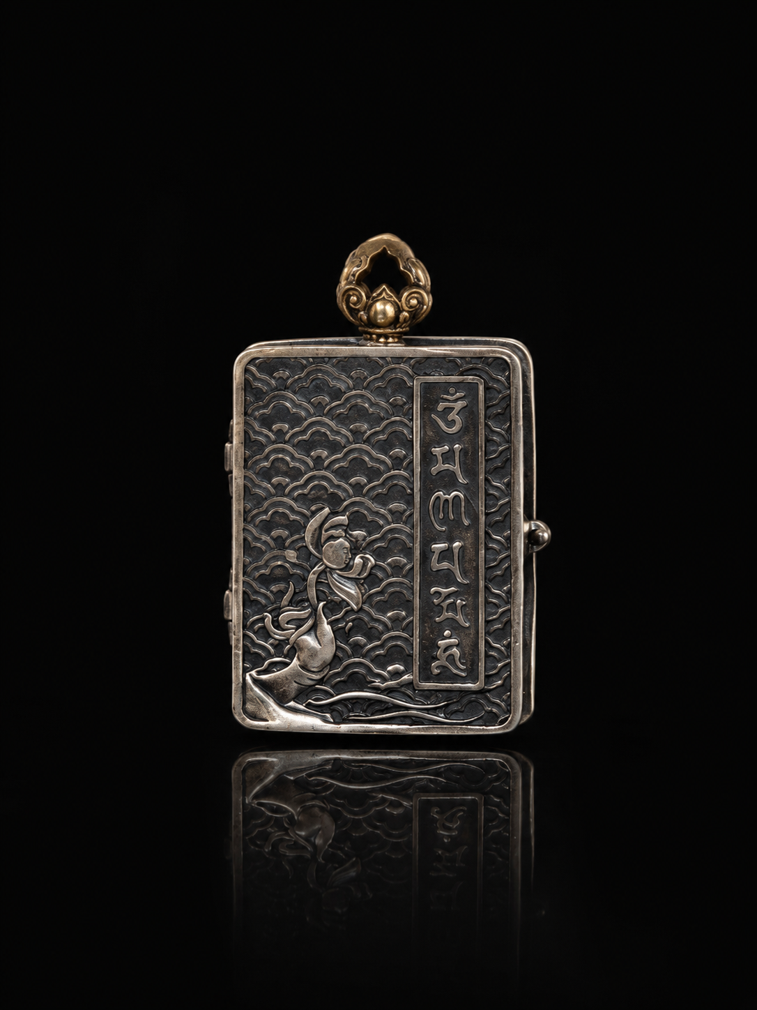 Tibetan Silver Scripture Pendant · Openable Yellow Jambhala Blessing