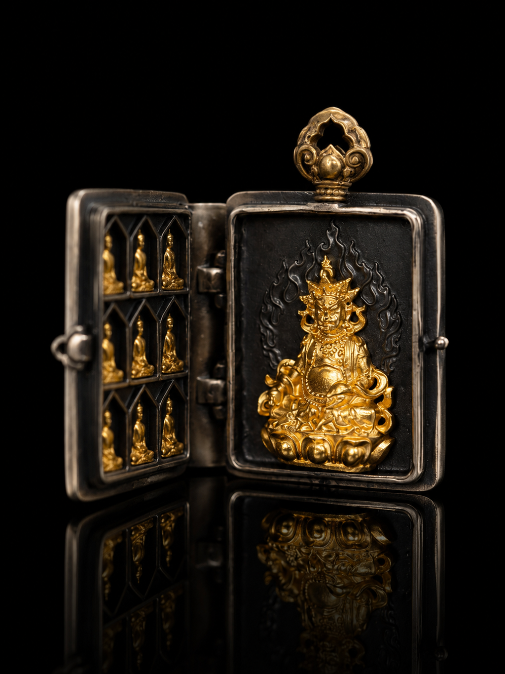 Tibetan Silver Scripture Pendant · Openable Yellow Jambhala Blessing