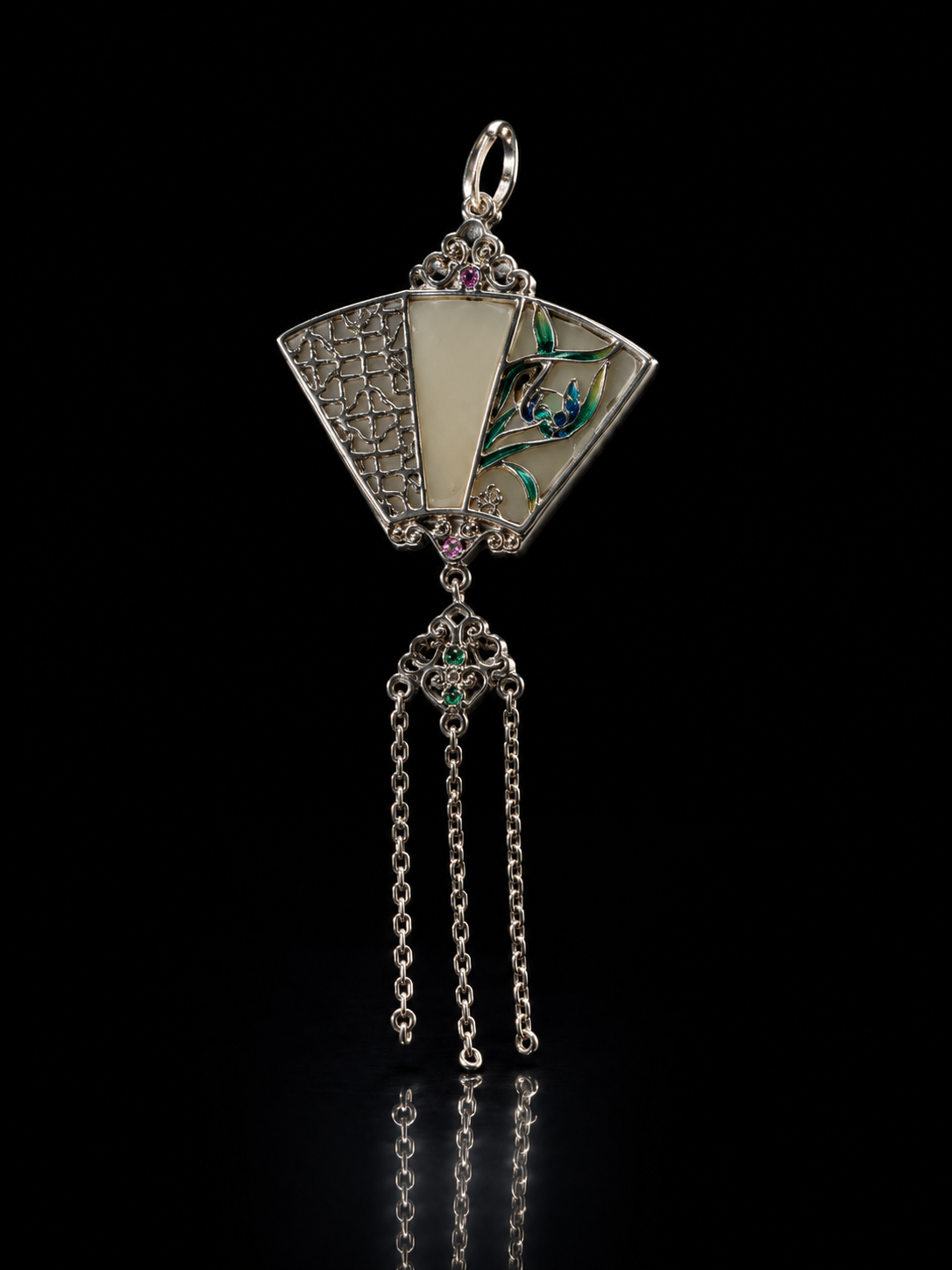 Tibetan-Style Chinese Folding Fan · Orchid Jade Tassel Amulet with Tibetan Silver Pendant
