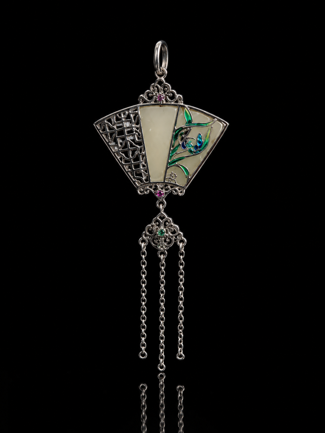 Tibetan-Style Chinese Folding Fan · Orchid Jade Tassel Amulet with Tibetan Silver Pendant