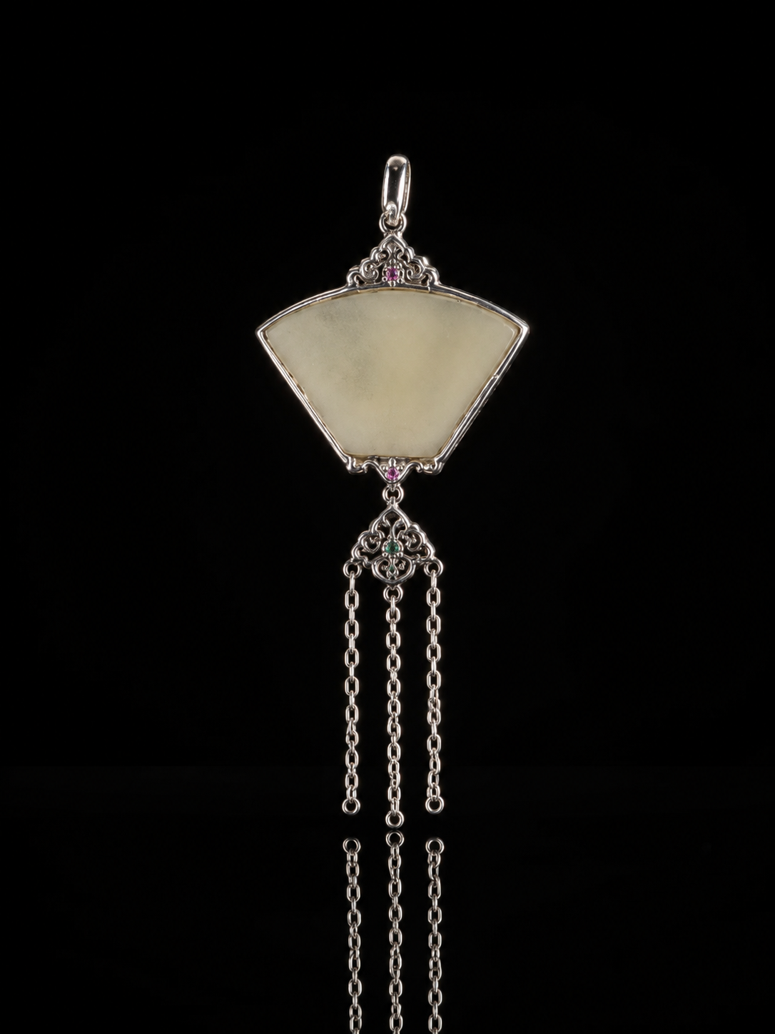 Tibetan-Style Chinese Folding Fan · Orchid Jade Tassel Amulet with Tibetan Silver Pendant