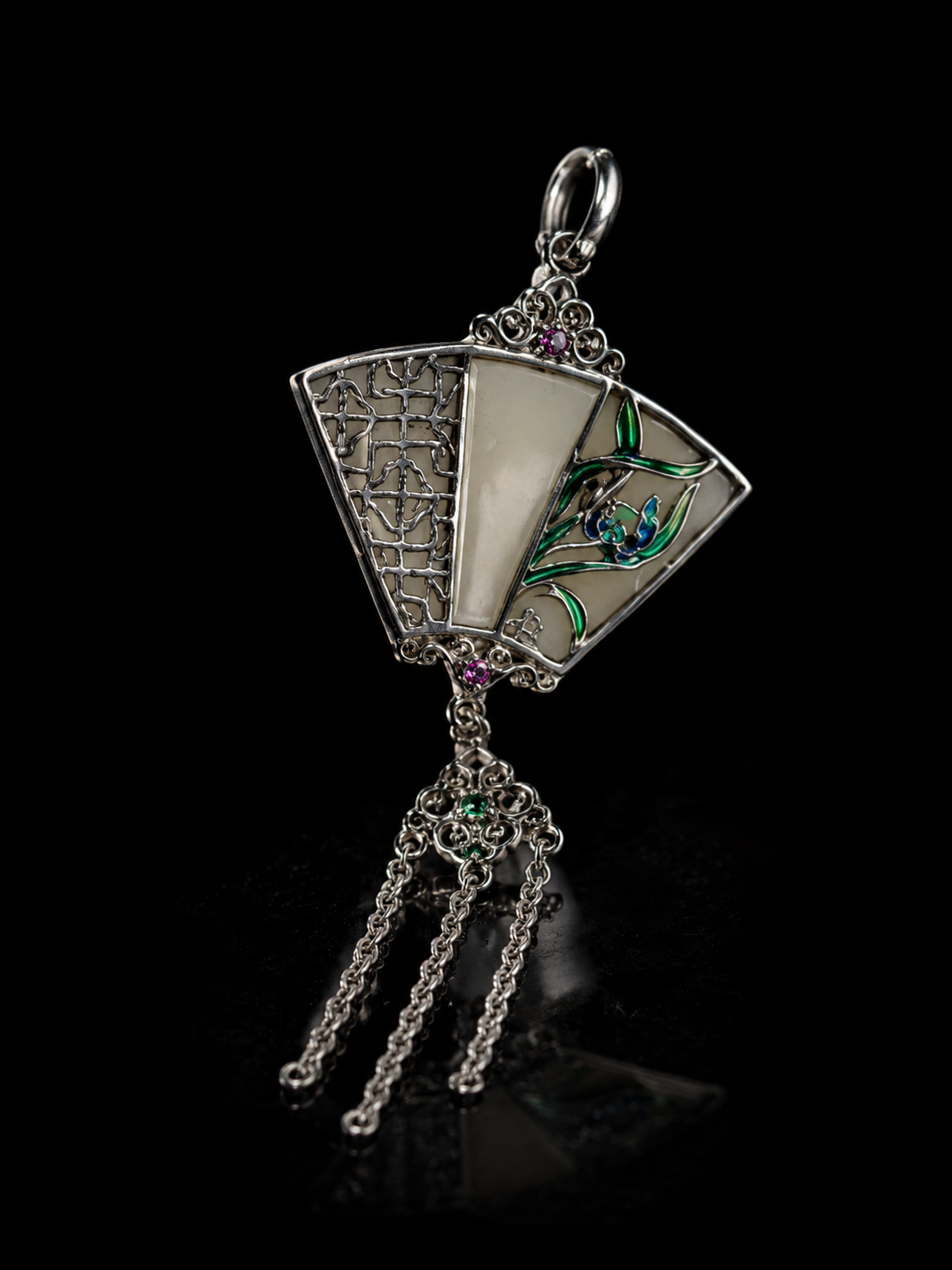 Tibetan-Style Chinese Folding Fan · Orchid Jade Tassel Amulet with Tibetan Silver Pendant