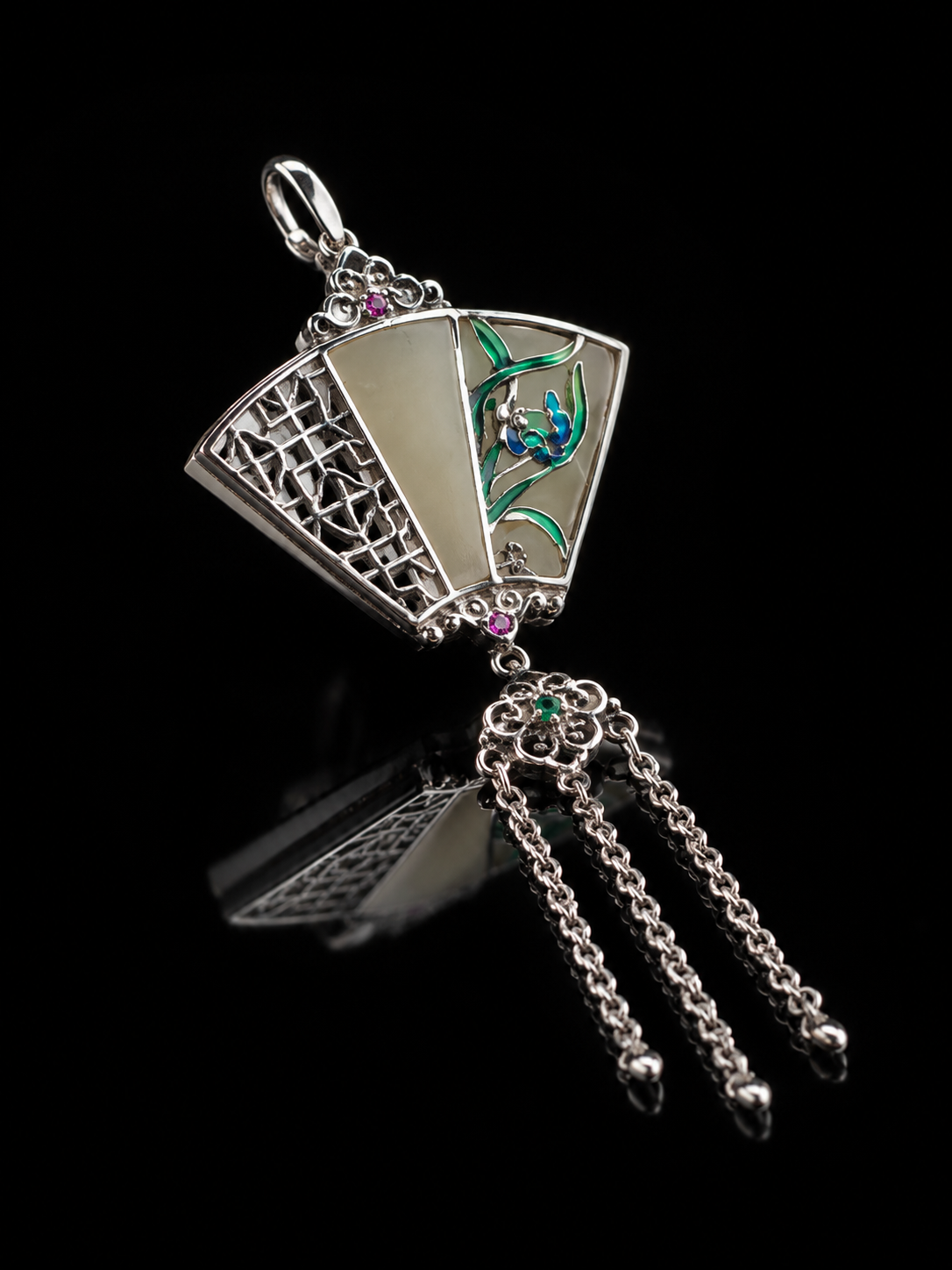 Tibetan-Style Chinese Folding Fan · Orchid Jade Tassel Amulet with Tibetan Silver Pendant