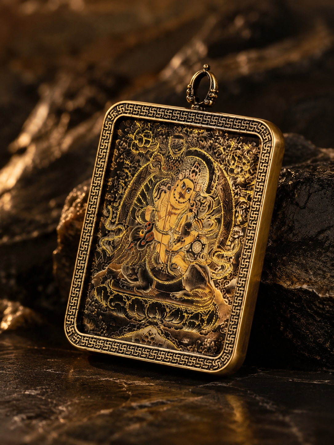 Tibetan Dzambhala Amulet (4:5) | Vaishravana - Tibetan Metal Amulet for Wealth and Blessings