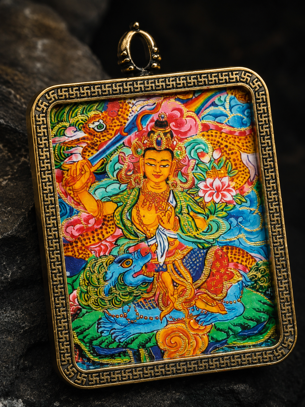 Manjushri 4:5 Portable Thangka Charm, Rabbit Zodiac｜文殊菩萨4:5唐卡挂件