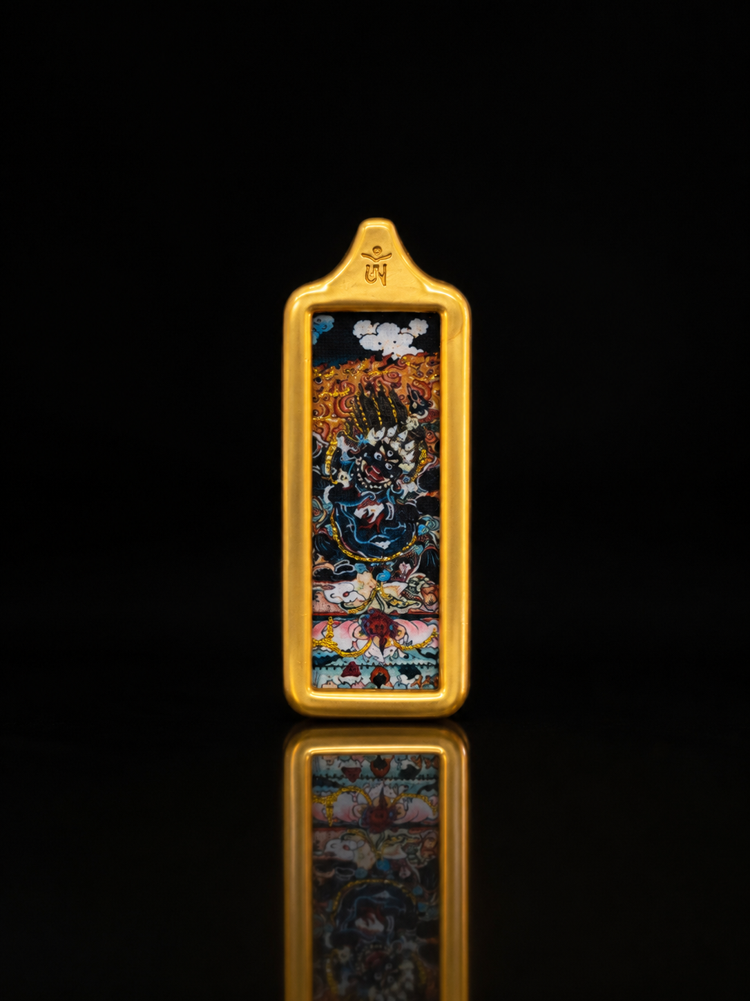 Black Jambhala Golden Long Thangka Charm, Style B｜黑财神金色长条唐卡