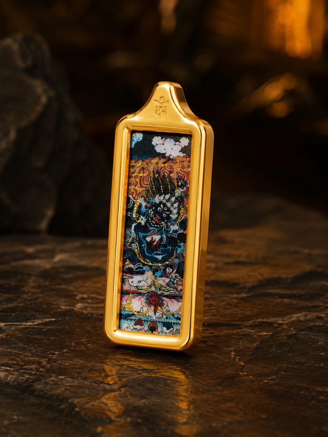 Black Jambhala Golden Long Thangka Charm, Style B｜黑财神金色长条唐卡