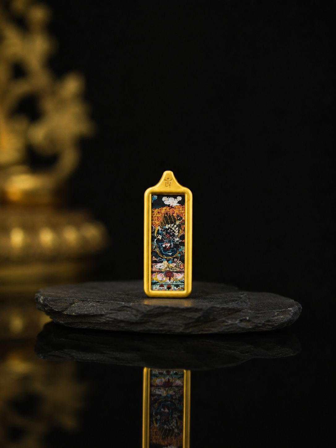 Black Jambhala Golden Long Thangka Charm, Style B｜黑财神金色长条唐卡