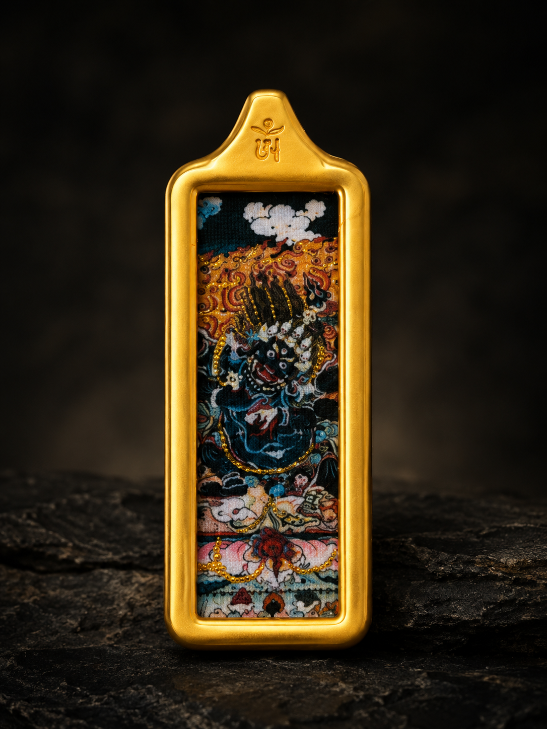 Black Jambhala Golden Long Thangka Charm, Style B｜黑财神金色长条唐卡