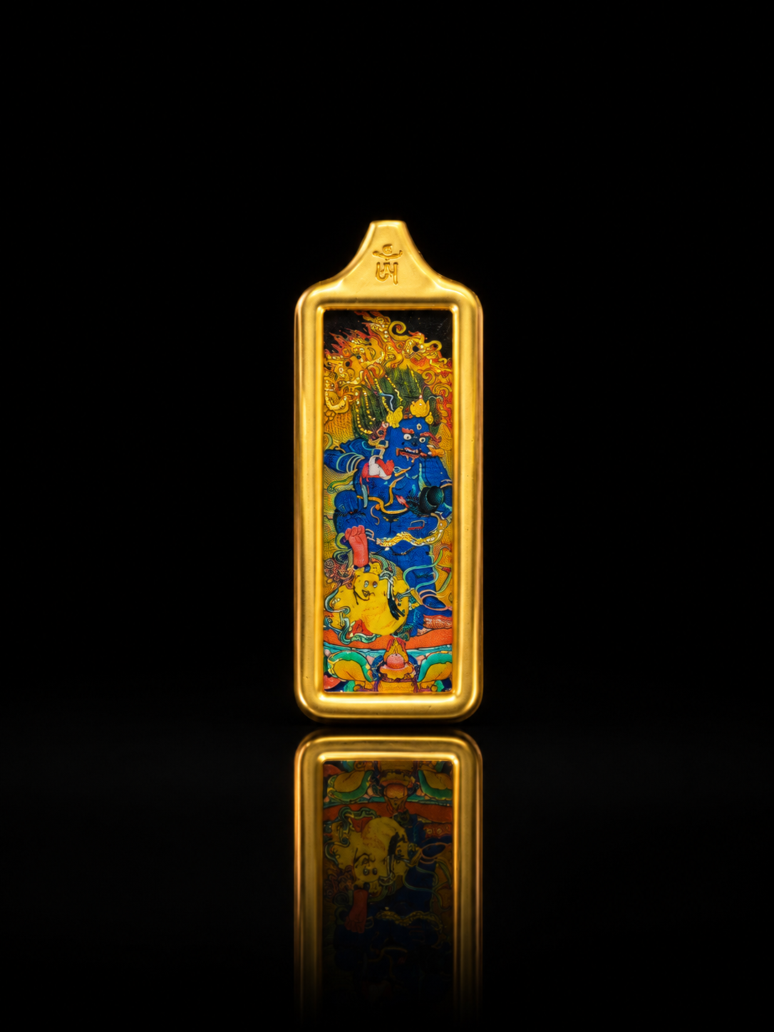 Black Jambhala Golden Long Thangka Charm, Style A｜黑财神金色长条唐卡