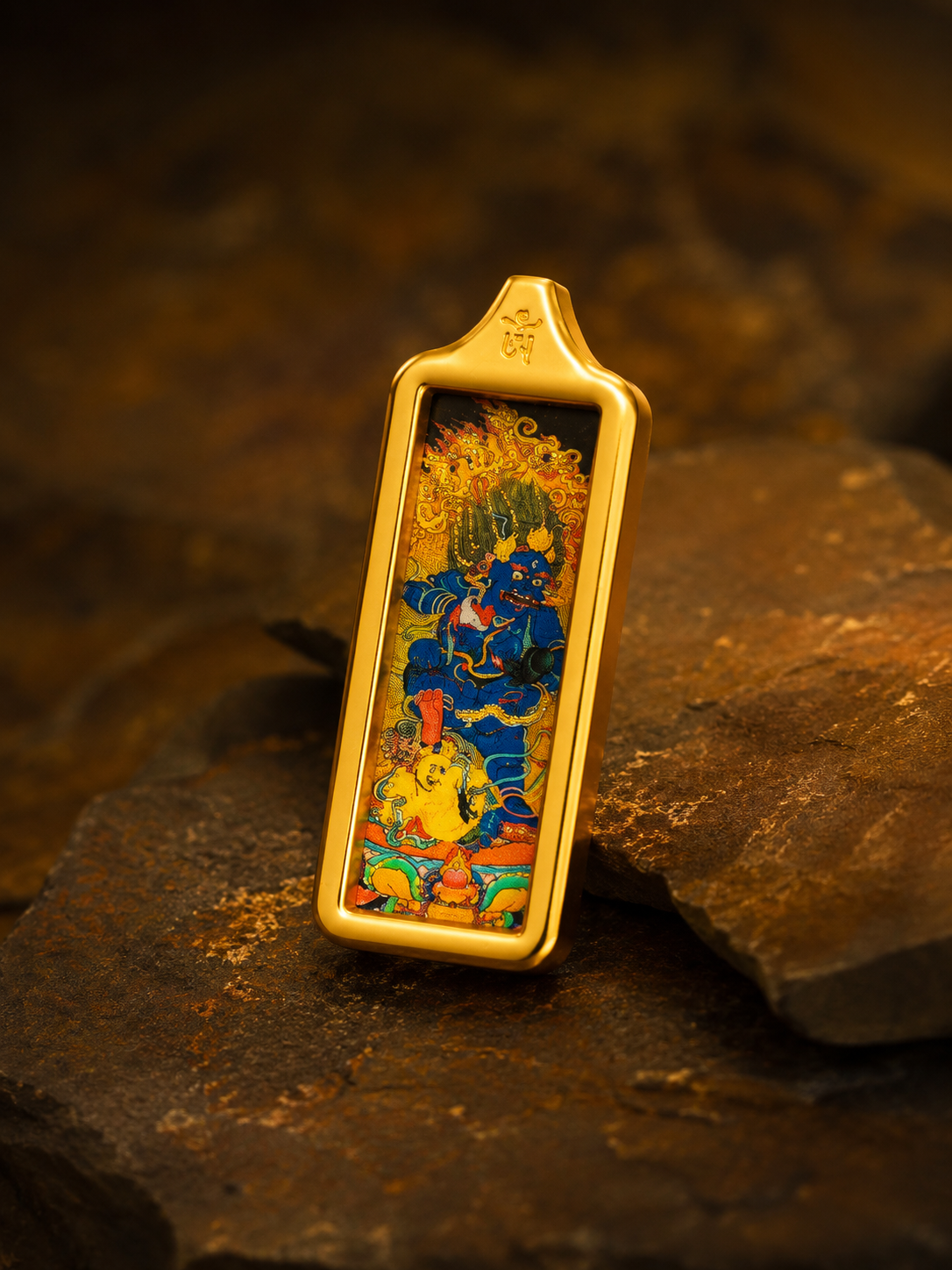 Black Jambhala Golden Long Thangka Charm, Style A｜黑财神金色长条唐卡