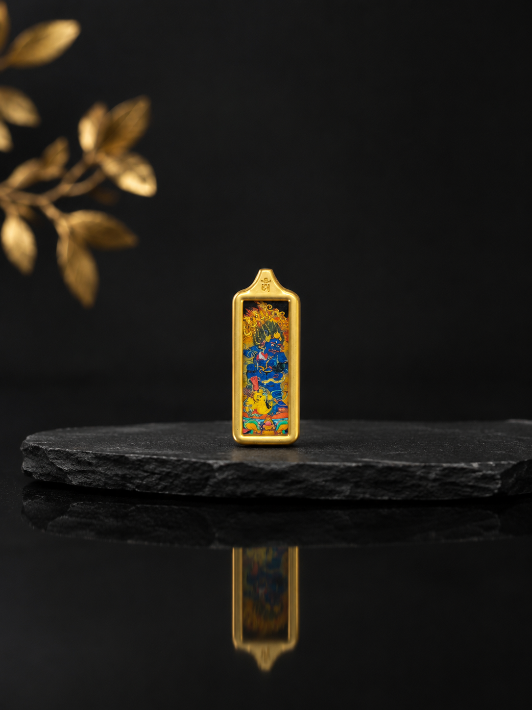 Black Jambhala Golden Long Thangka Charm, Style A｜黑财神金色长条唐卡
