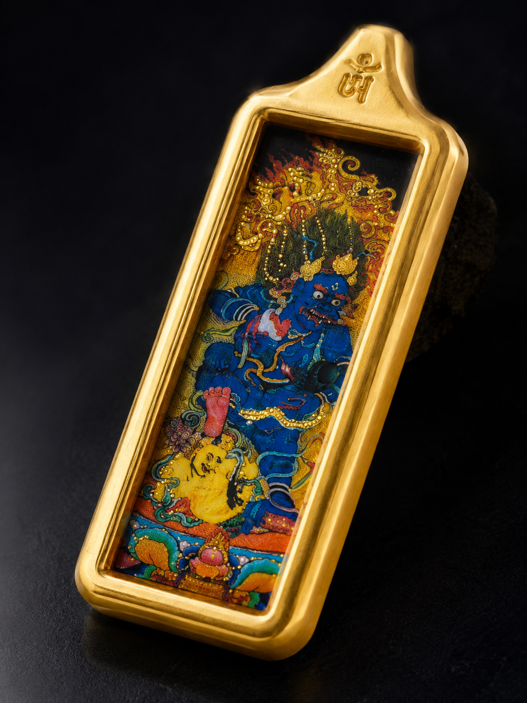 Black Jambhala Golden Long Thangka Charm, Style A｜黑财神金色长条唐卡