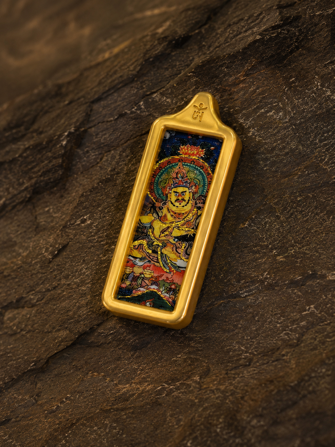 Yellow Jambhala Golden Long Thangka Charm｜黄财神金色长条唐卡