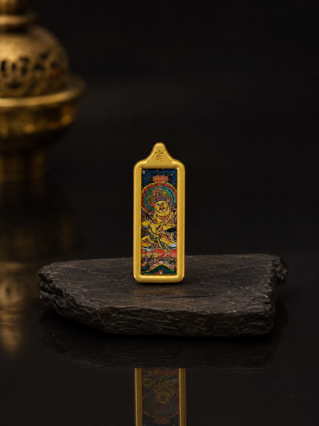 Yellow Jambhala Golden Long Thangka Charm｜黄财神金色长条唐卡