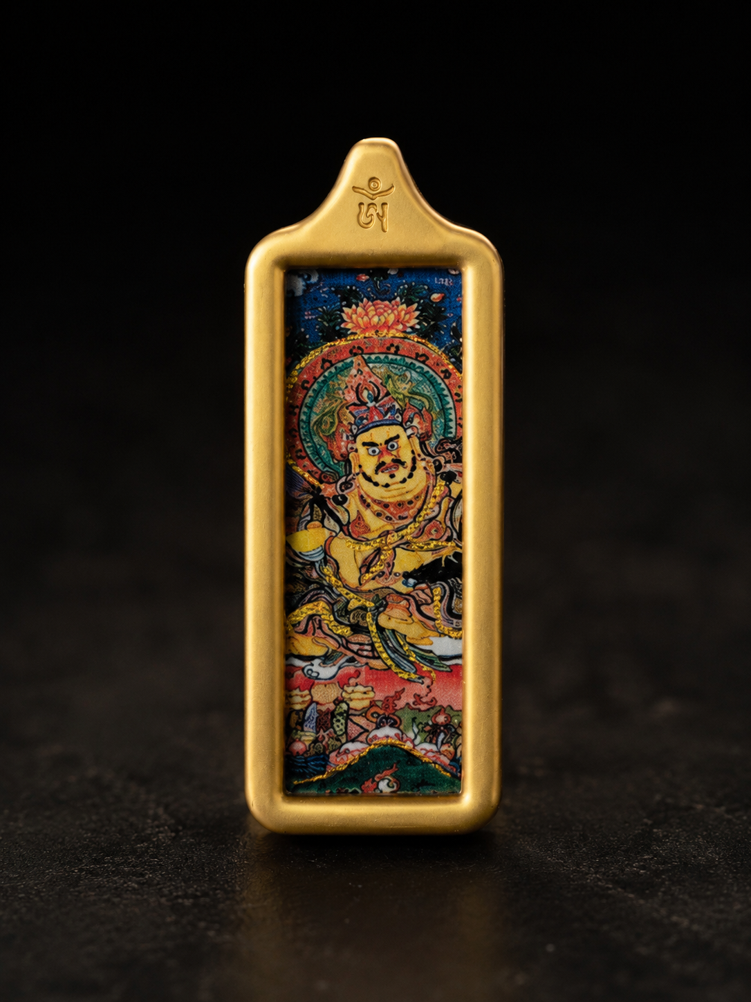 Yellow Jambhala Golden Long Thangka Charm｜黄财神金色长条唐卡