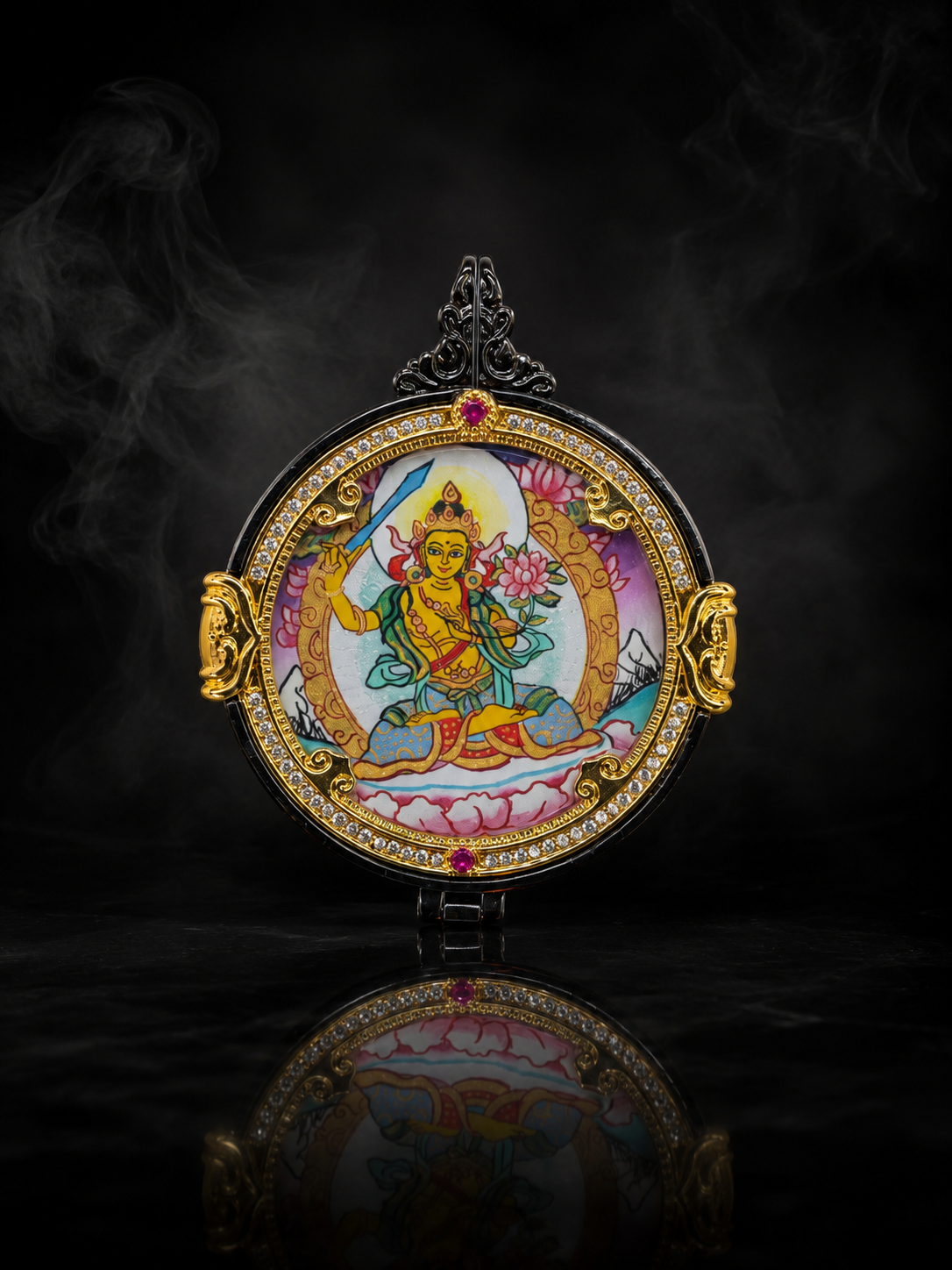 Manjushri & Yellow Jambhala Round Double-Sided Thangka｜文殊黄财神圆形唐卡