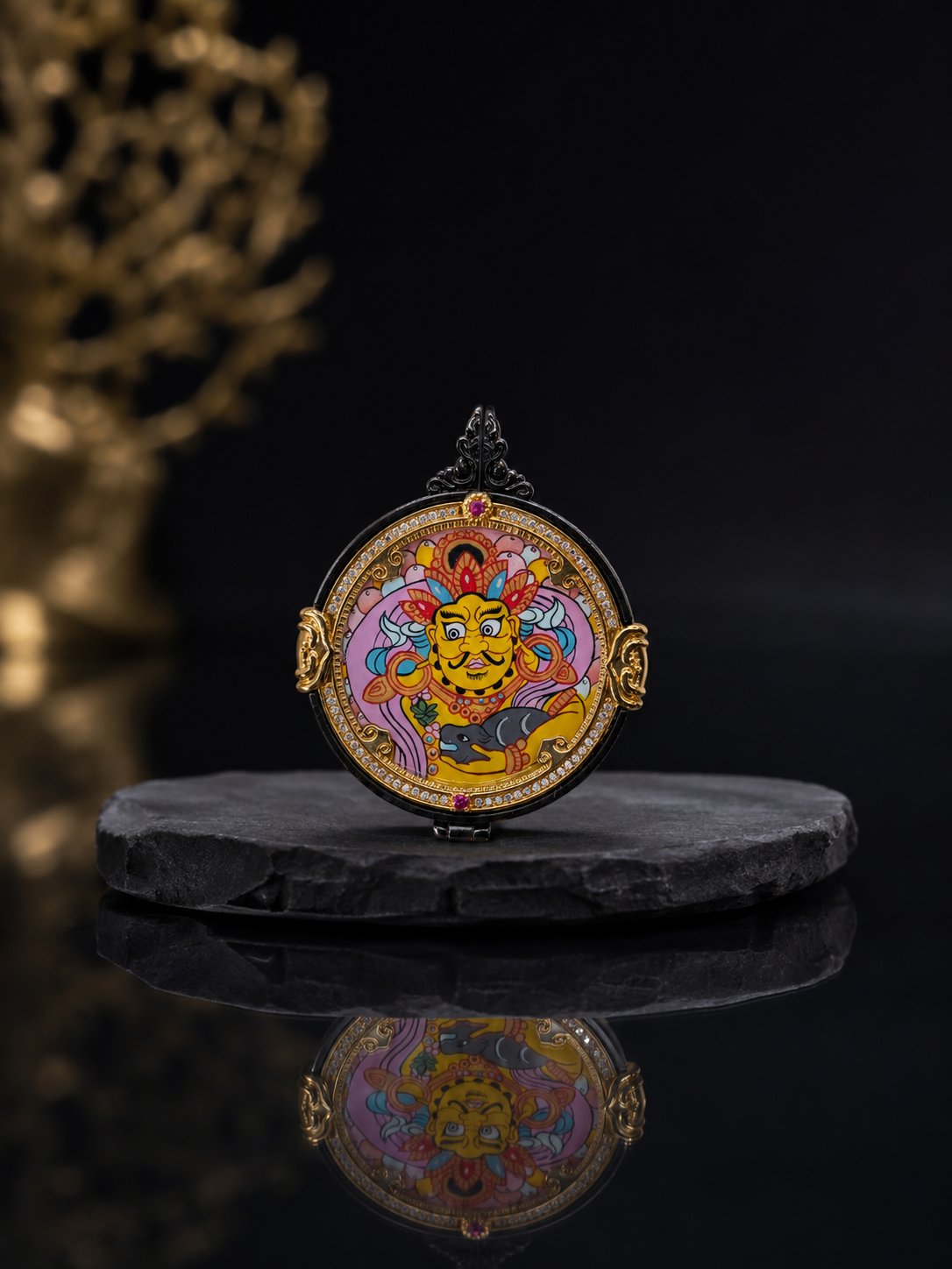 Manjushri & Yellow Jambhala Round Double-Sided Thangka｜文殊黄财神圆形唐卡