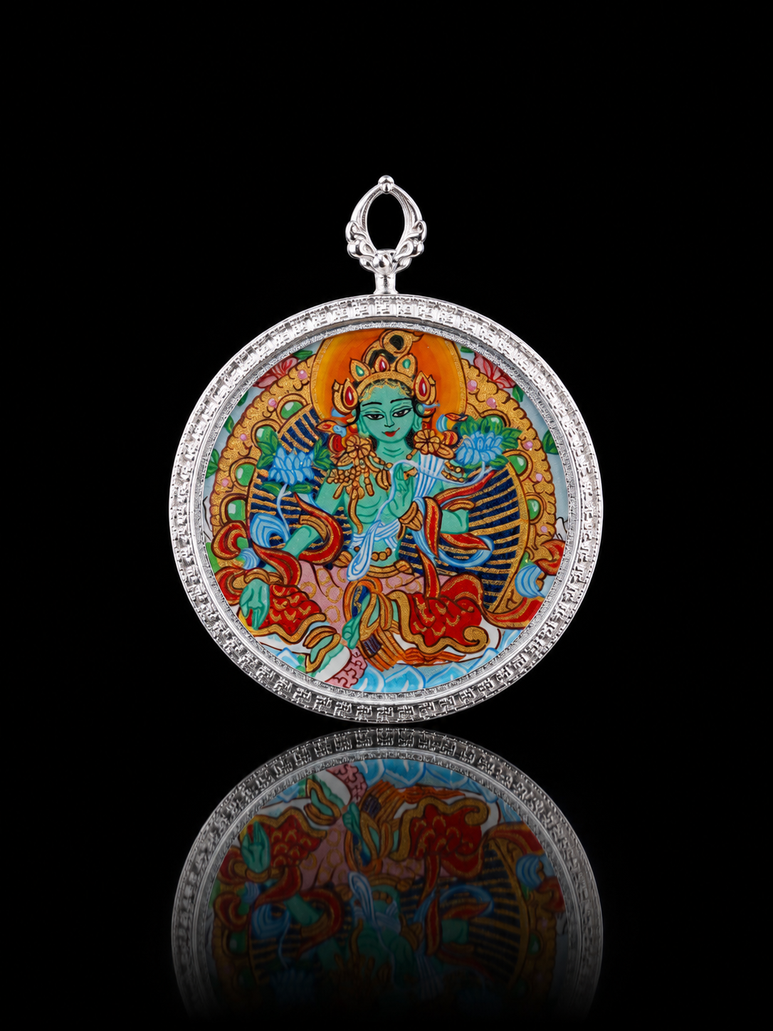 Manjushri & Green Tara Round Thangka, Rabbit Zodiac｜文殊菩萨绿度母圆形唐卡