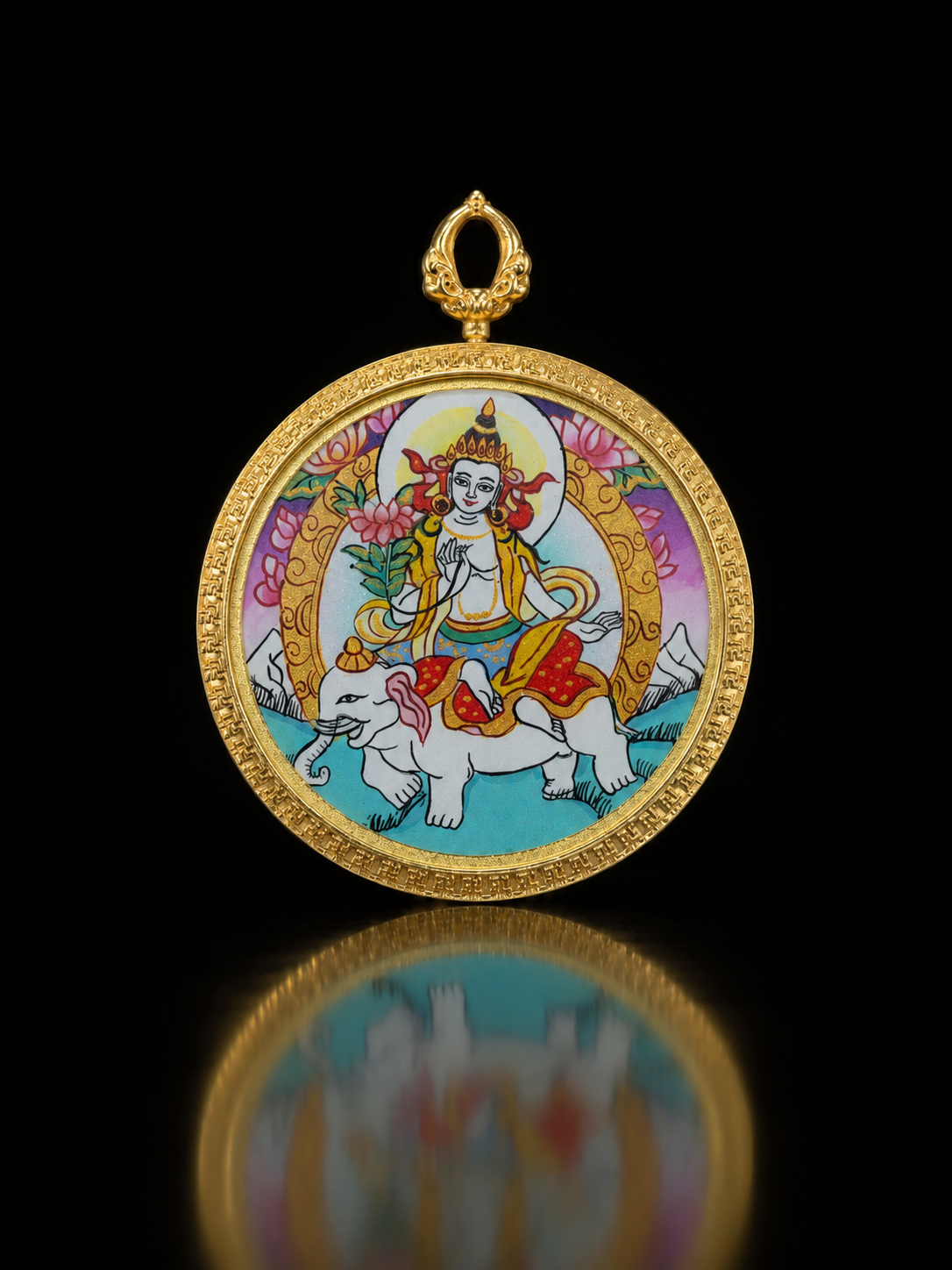 Samantabhadra Gold-Rim Round Thangka, Dragon & Snake Zodiac｜普贤菩萨金边圆形唐卡