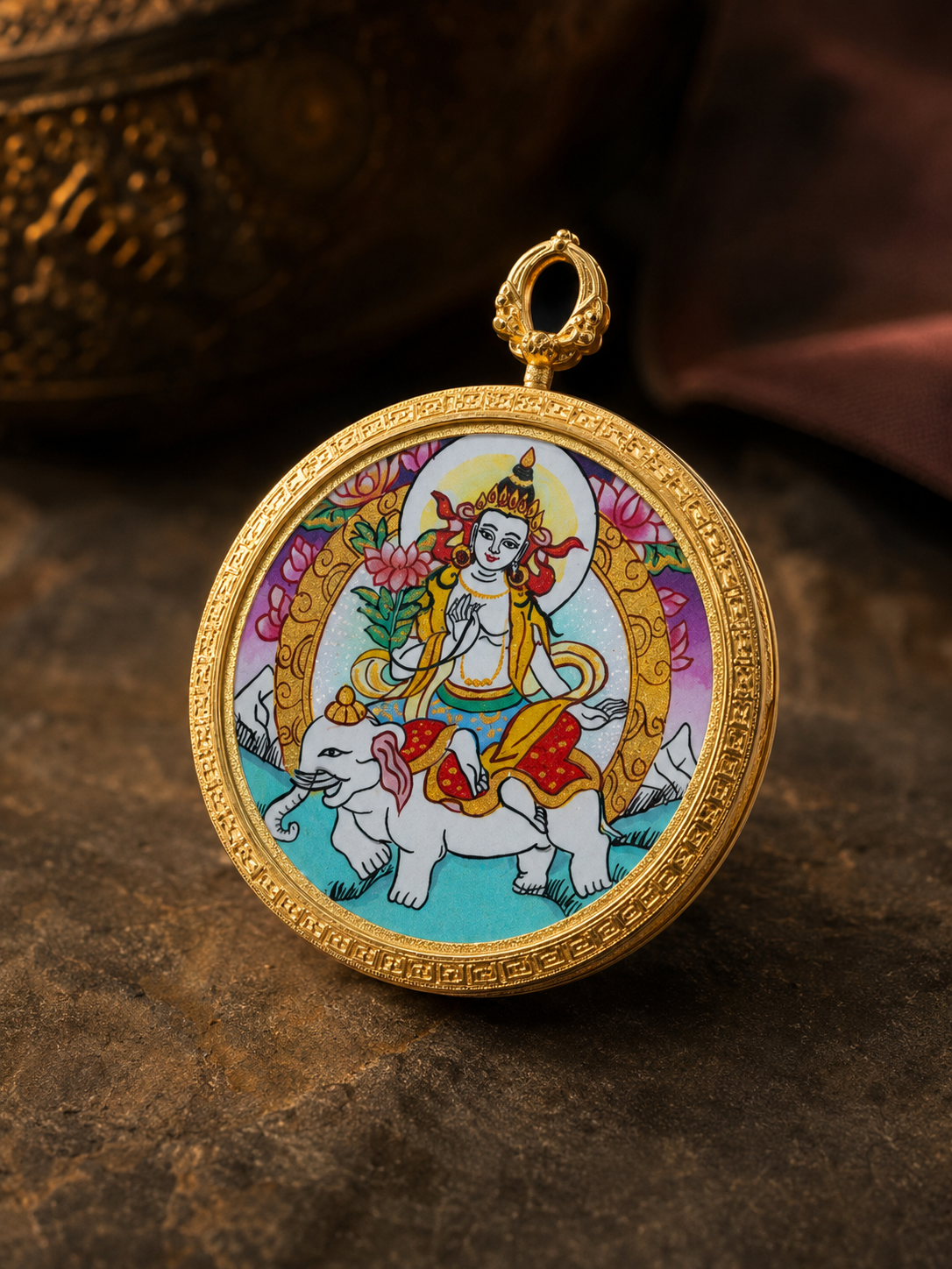 Samantabhadra Gold-Rim Round Thangka, Dragon & Snake Zodiac｜普贤菩萨金边圆形唐卡