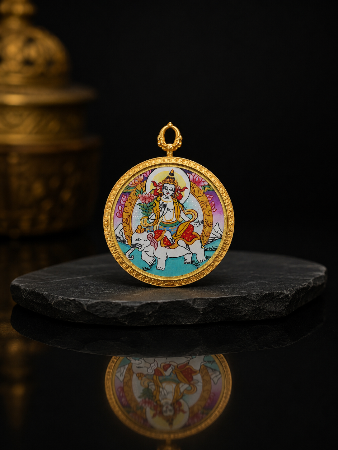 Samantabhadra Gold-Rim Round Thangka, Dragon & Snake Zodiac｜普贤菩萨金边圆形唐卡