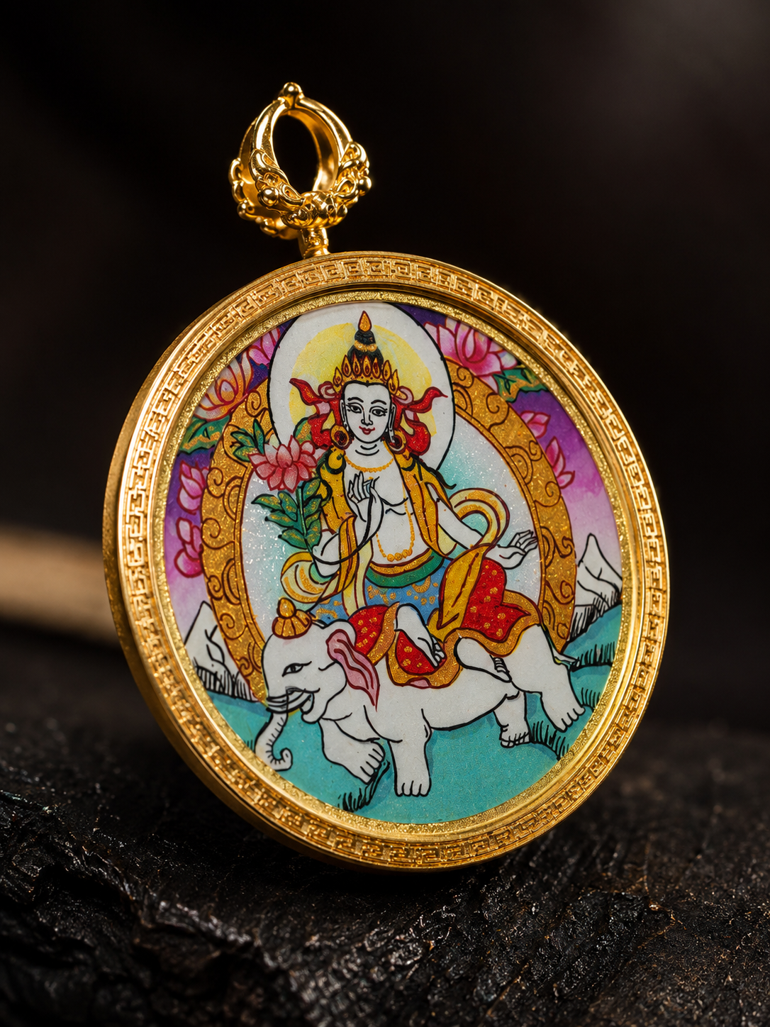 Samantabhadra Gold-Rim Round Thangka, Dragon & Snake Zodiac｜普贤菩萨金边圆形唐卡