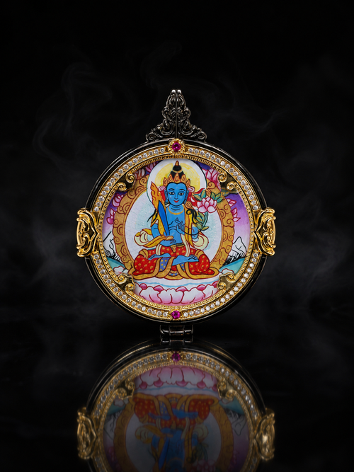 Vajrasattva × Yellow Jambhala Double-Sided Portable Thangka 3×3cm Tibetan Pure Mineral Hand-Painted