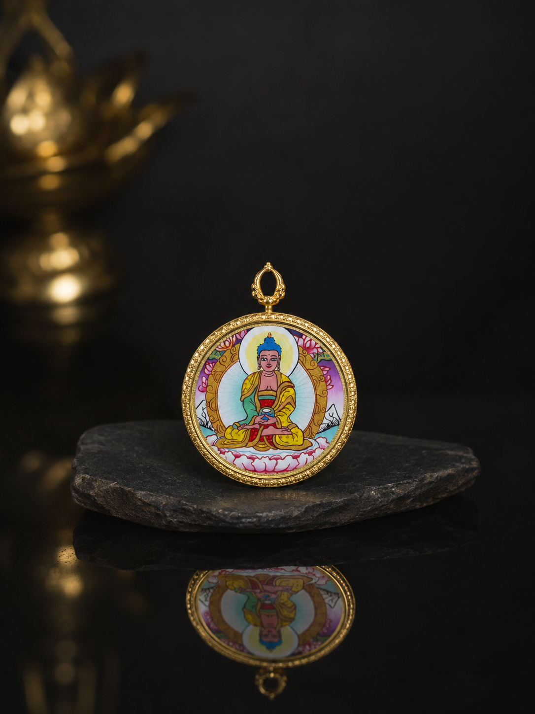 Amitabha 3cm Mineral-Color Thangka, Dog & Pig Zodiac｜阿弥陀佛3cm藏传唐卡