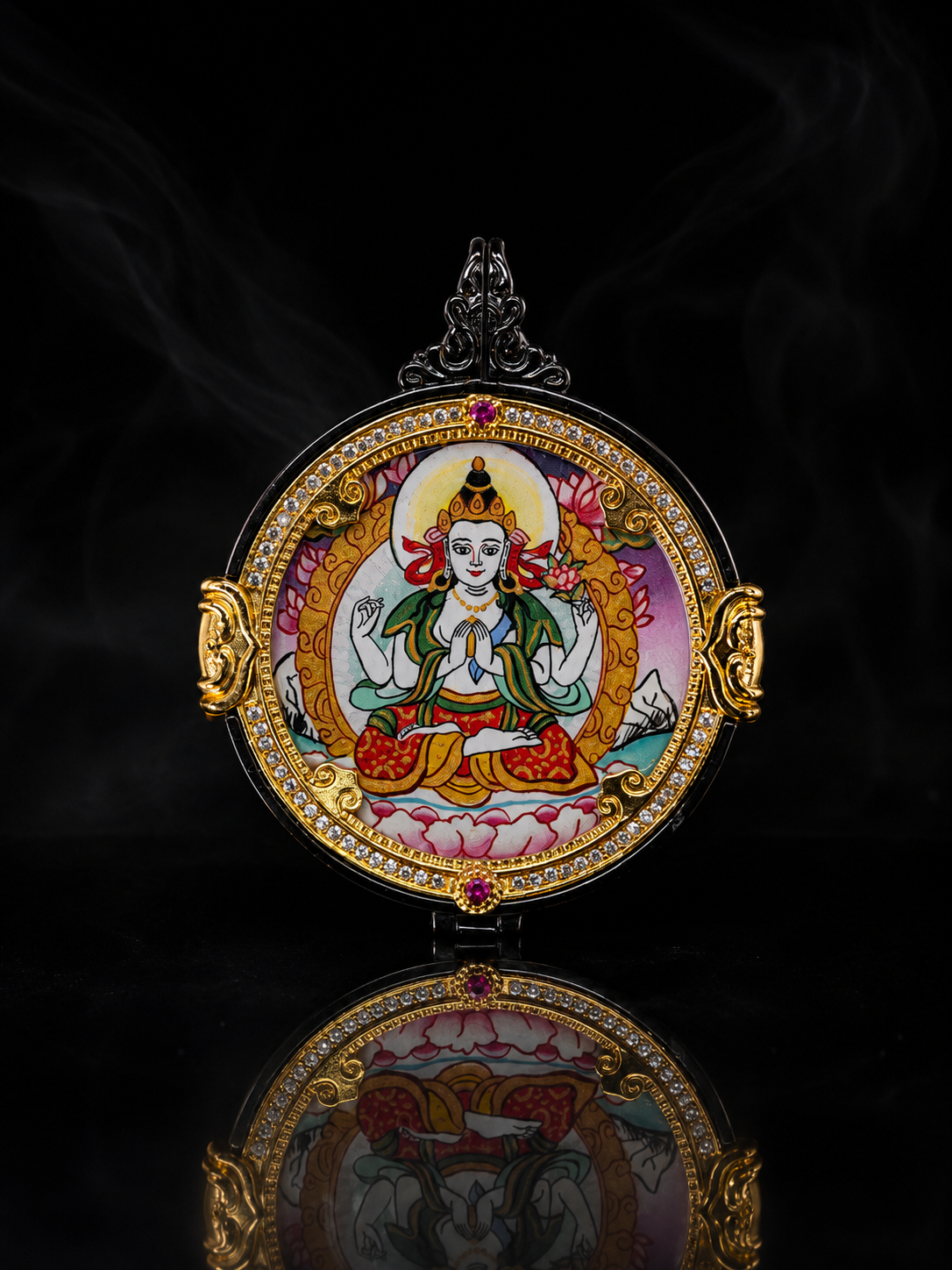 Avalokiteshvara & Yellow Jambhala Double-Sided Thangka, Rat Zodiac｜四臂观音黄财神唐卡