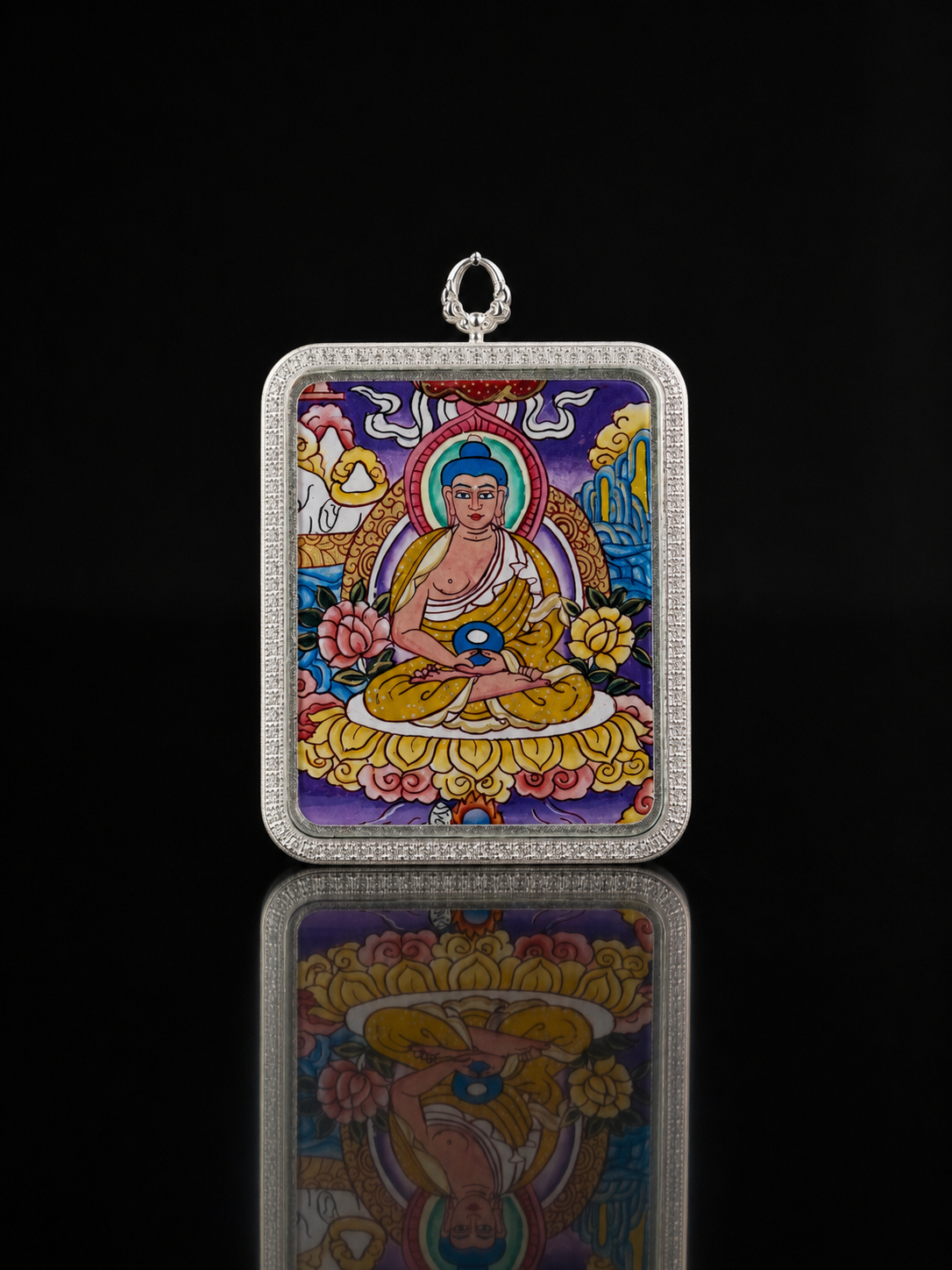 Amitabha Silver-Frame Thangka, Dog & Pig Zodiac｜阿弥陀佛银边矩形唐卡