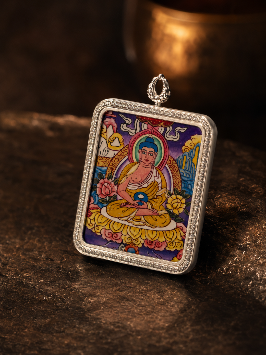 Amitabha Silver-Frame Thangka, Dog & Pig Zodiac｜阿弥陀佛银边矩形唐卡