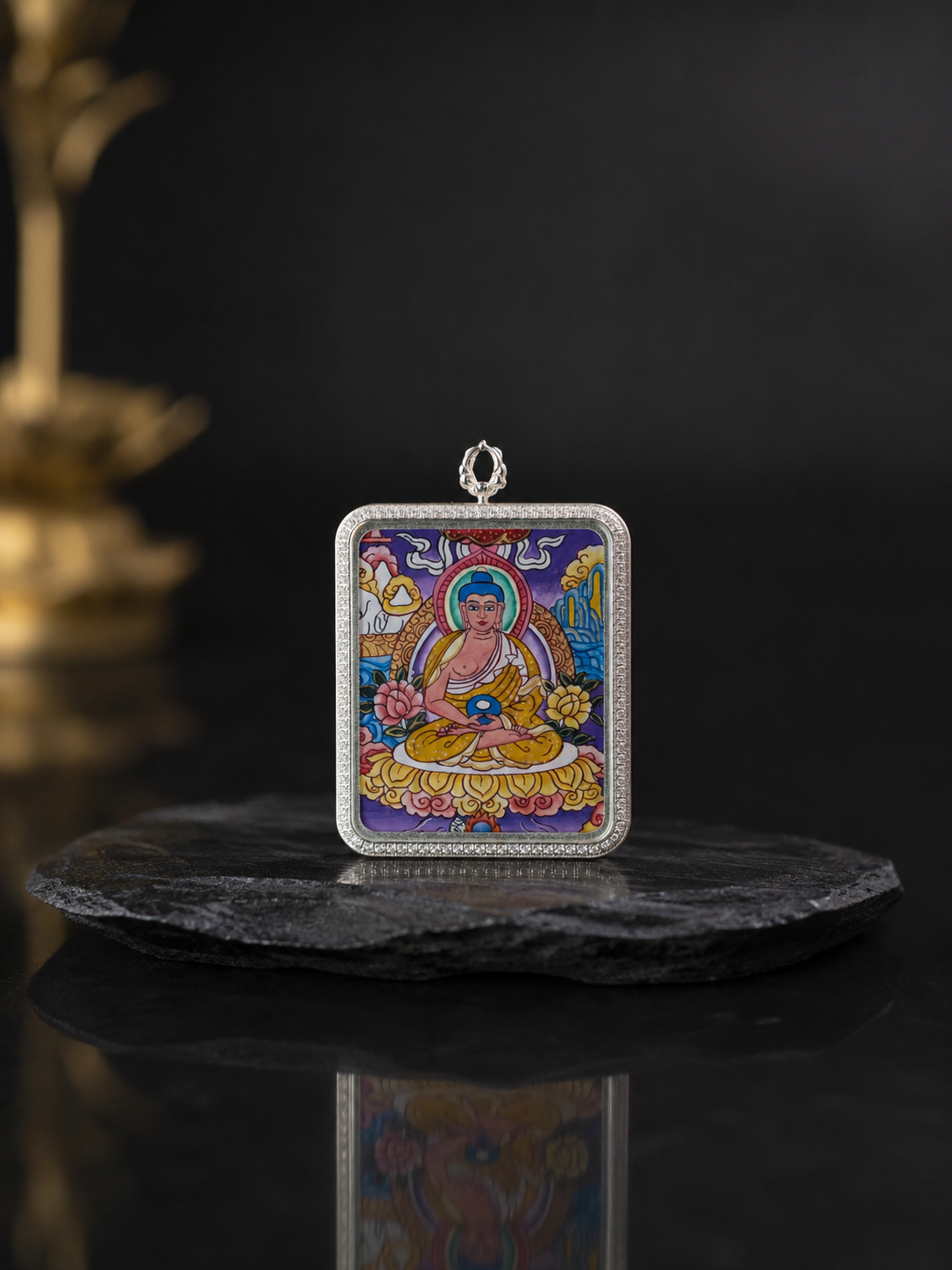 Amitabha Silver-Frame Thangka, Dog & Pig Zodiac｜阿弥陀佛银边矩形唐卡