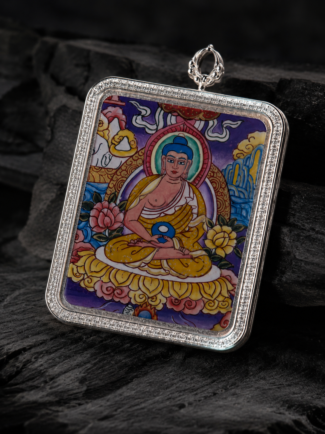 Amitabha Silver-Frame Thangka, Dog & Pig Zodiac｜阿弥陀佛银边矩形唐卡