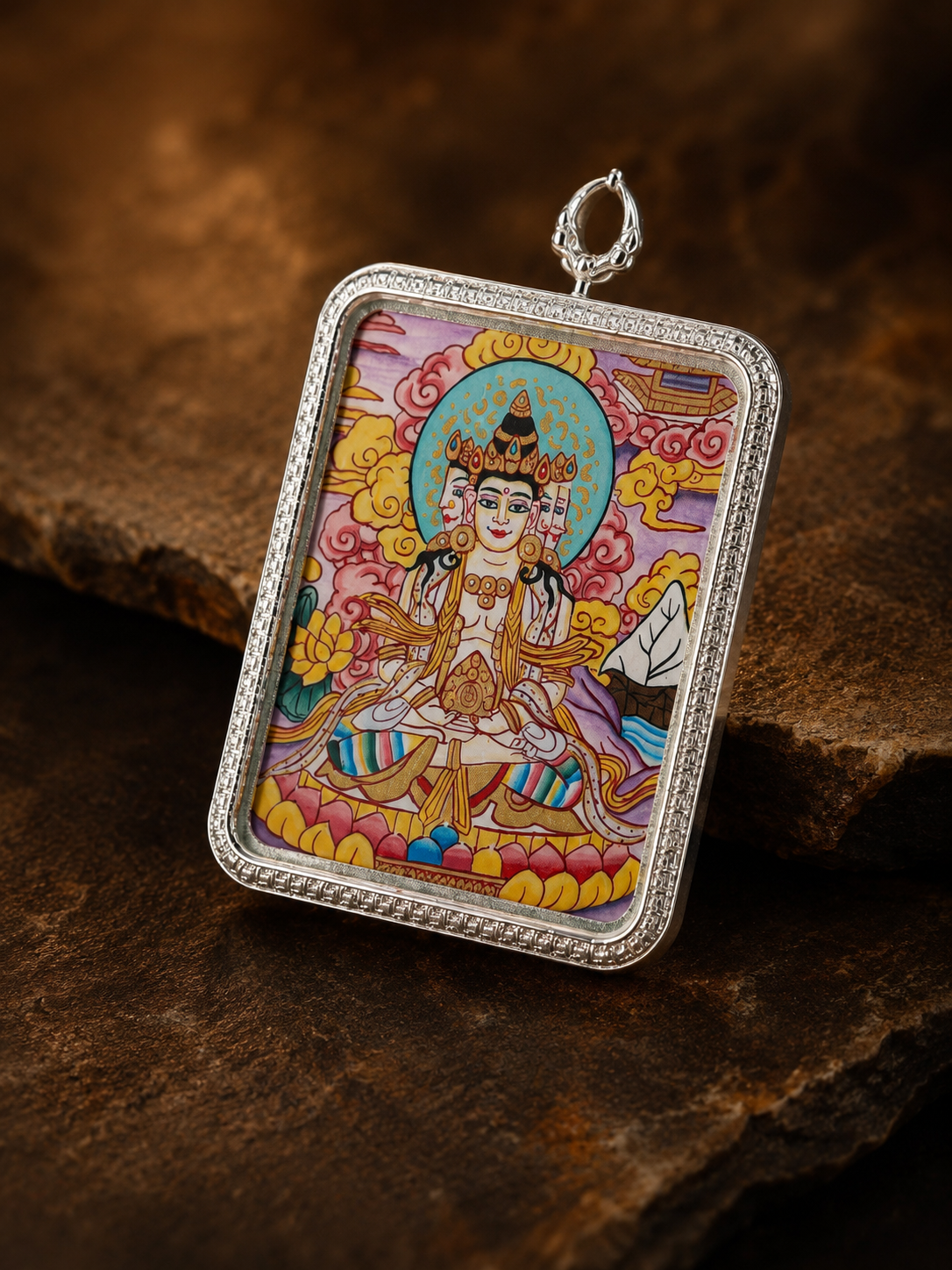 Vairocana Silver-Frame Thangka, Goat & Monkey Zodiac｜大日如来银边矩形唐卡