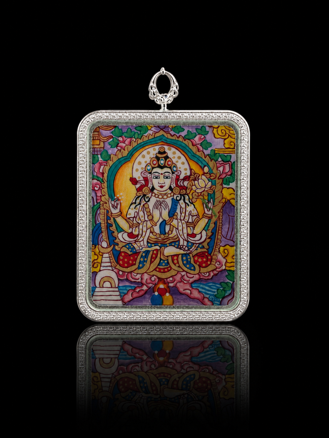 Four-Armed Avalokiteshvara Silver-Frame Thangka, Rat Zodiac｜四臂观音银边矩形唐卡