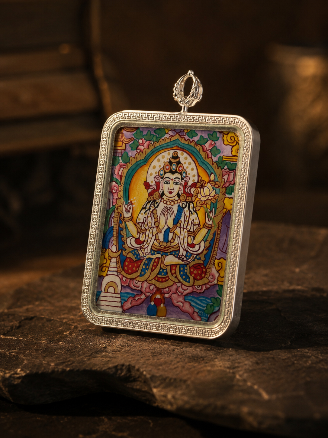 Four-Armed Avalokiteshvara Silver-Frame Thangka, Rat Zodiac｜四臂观音银边矩形唐卡