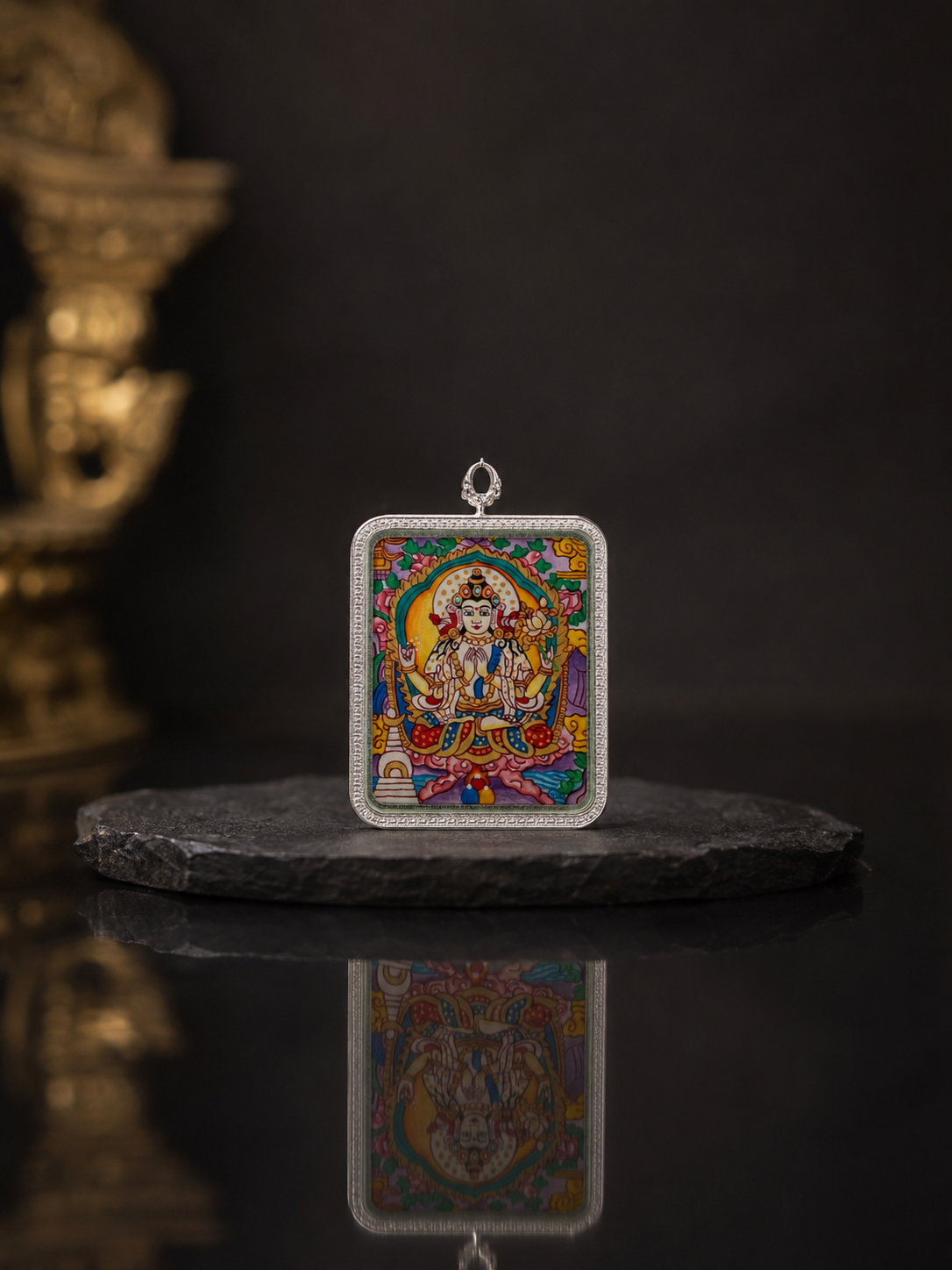 Four-Armed Avalokiteshvara Silver-Frame Thangka, Rat Zodiac｜四臂观音银边矩形唐卡