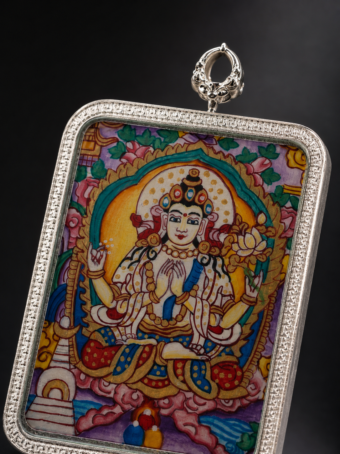 Four-Armed Avalokiteshvara Silver-Frame Thangka, Rat Zodiac｜四臂观音银边矩形唐卡