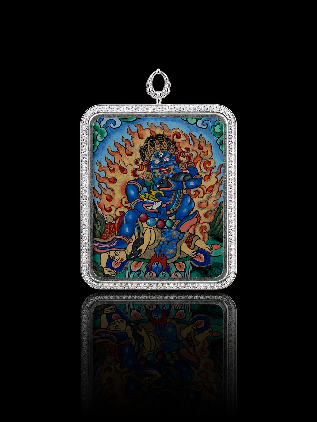 【Eight Guardian Deities Series】Black Jambhala Portable Thangka, Tibetan Pure Mineral Hand-painted, Tibetan Silver Frame